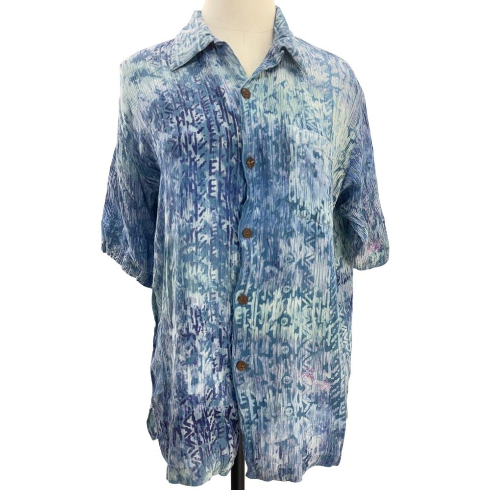 Vintage 90s Jungle Storm Crinkle Cotton Abstract Camp Shirt Men's Large Blue